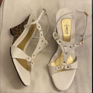 FRESCO BY PIERRE WHITE WITH GOLD STUDS, LEOPARD WEDGE SANDALS.  NEW